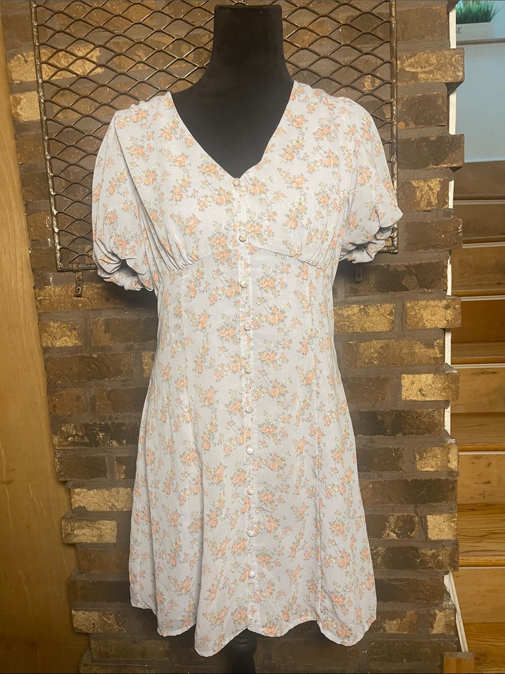 Lush Floral Button-Front LinedDress Light Blue/Mauve and Peach Zip-Up Back L
